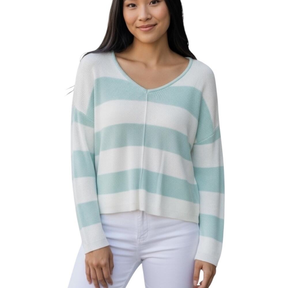 Coastal Summer Preppy White Blue Striped Knit V-Neck Sweater Size XS